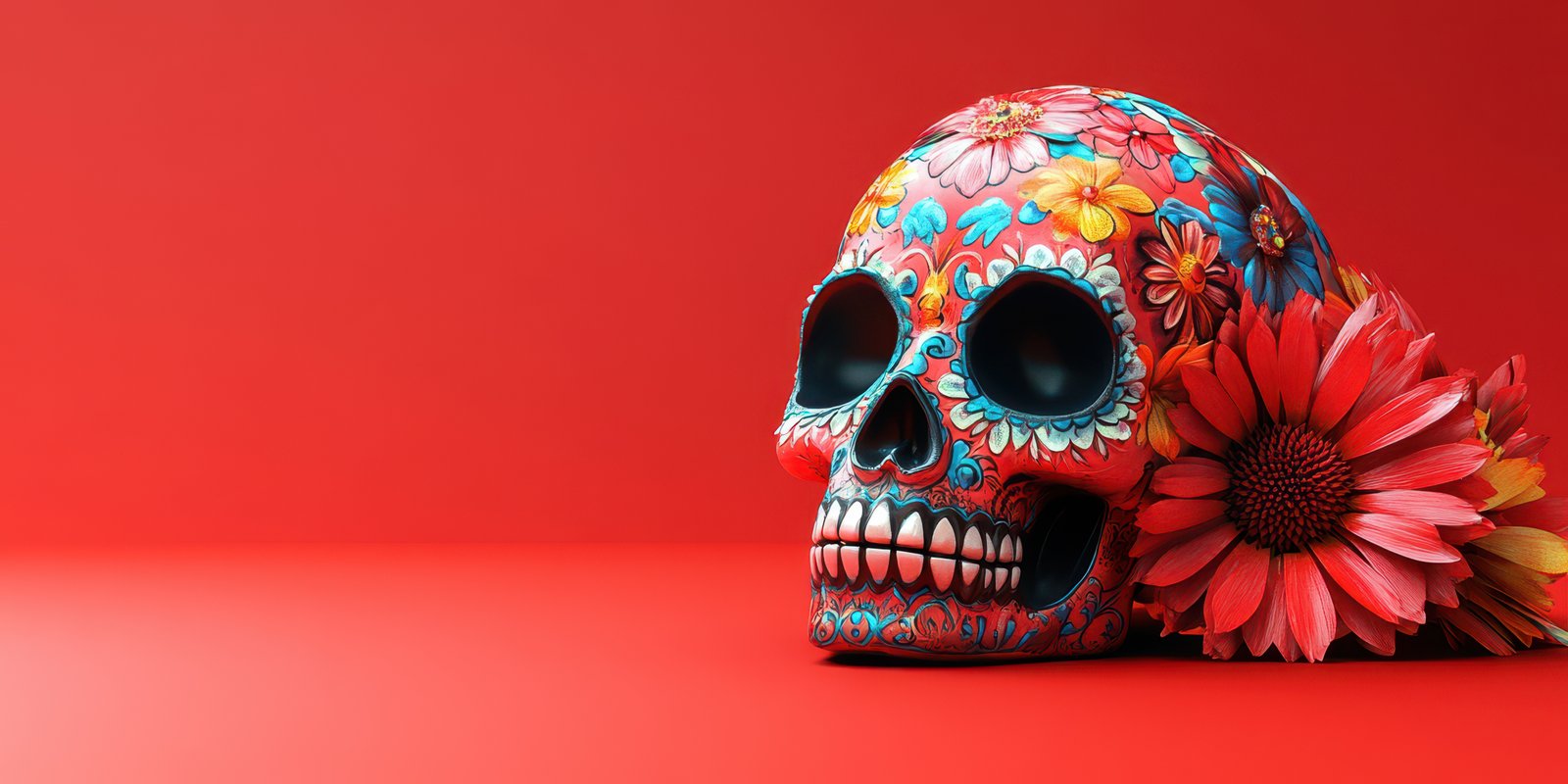 Colorful skull with floral designs and a vibrant background celebrates cultural traditions and artistry